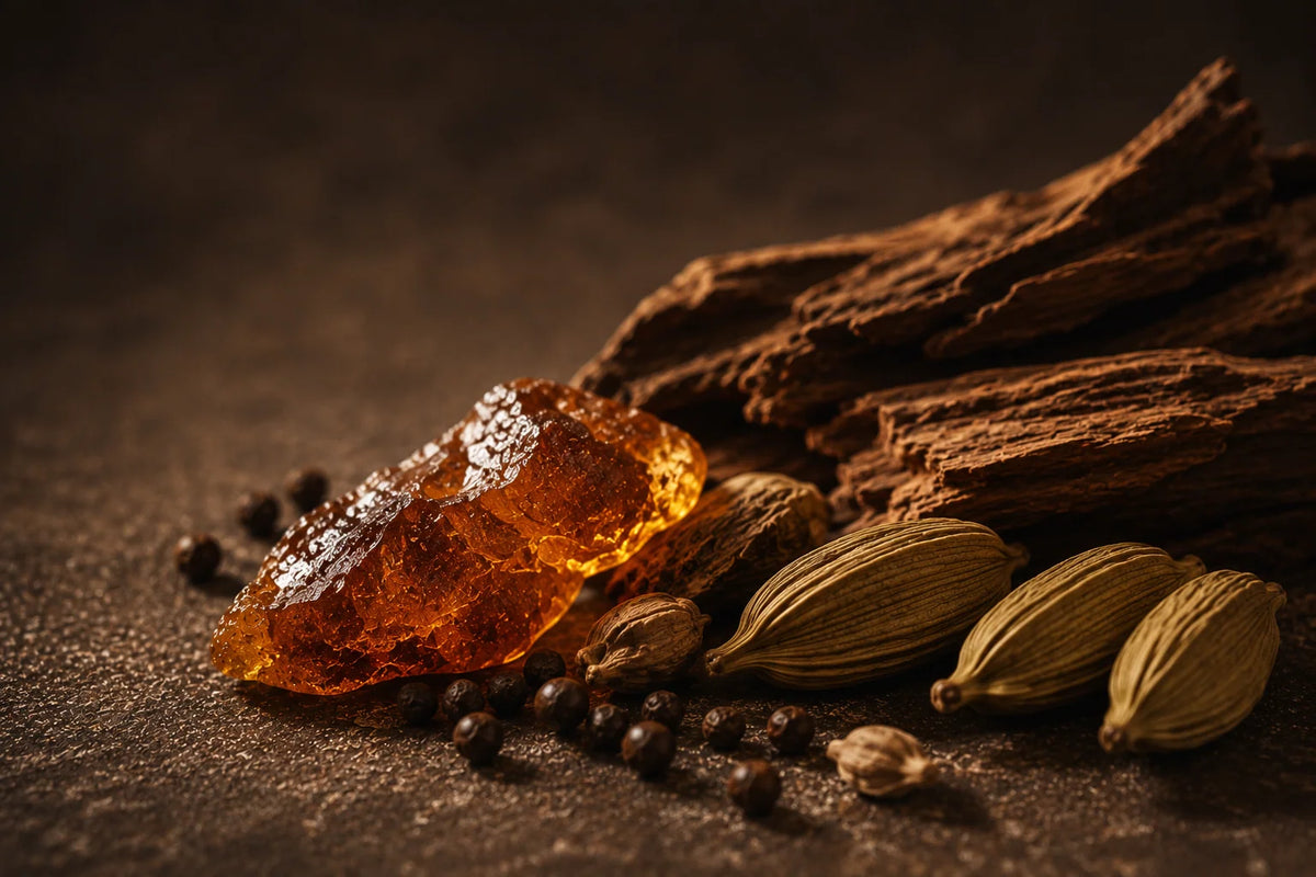 Sandelholzstücke, Amberharz, Vanilleschoten und Kardamom auf dunklem Stein, inszeniert mit warmen goldenen Lichtreflexionen als Stillleben zu holzigen Duftnoten.