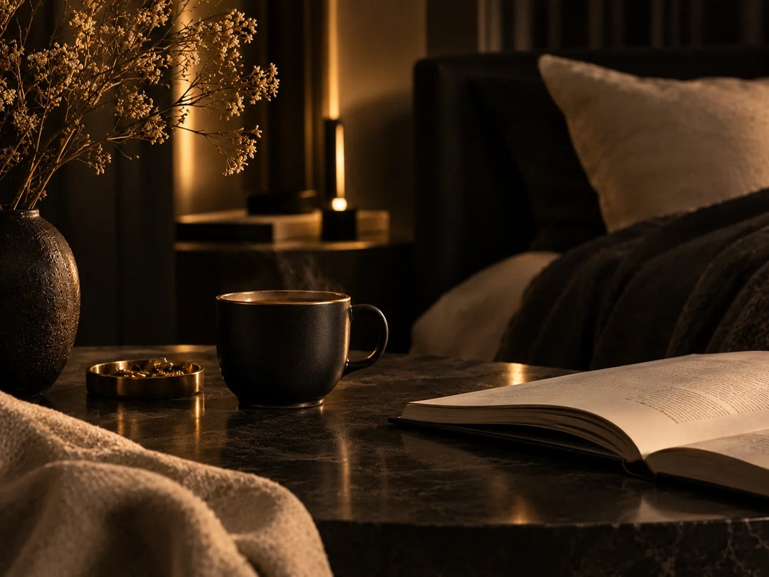 Offenes Buch und warme Teetasse auf einem dunklen Steintisch neben einer weichen Decke und zarten Zweigen im goldenen Abendlicht. Eine gemütliche Atmosphäre für bewusste Abendrituale.