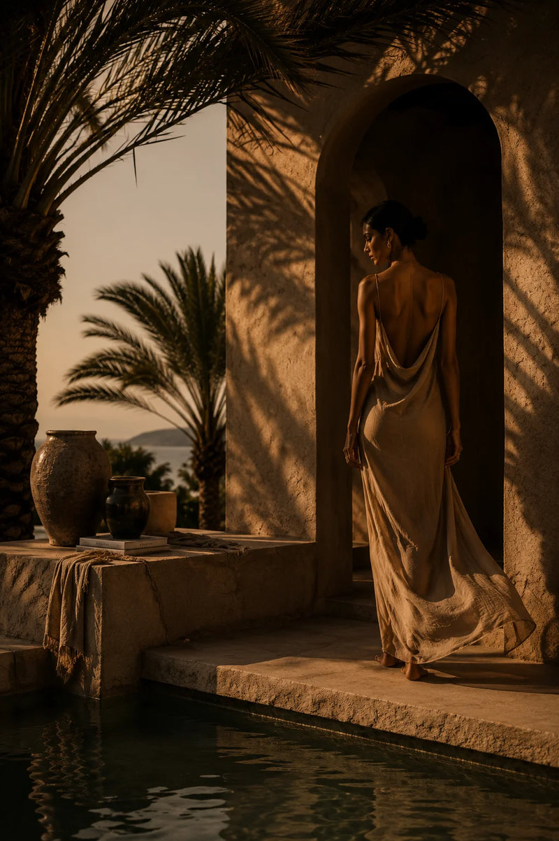 Frau in einem mediterranen Innenhof mit Pool und warmem Abendlicht.