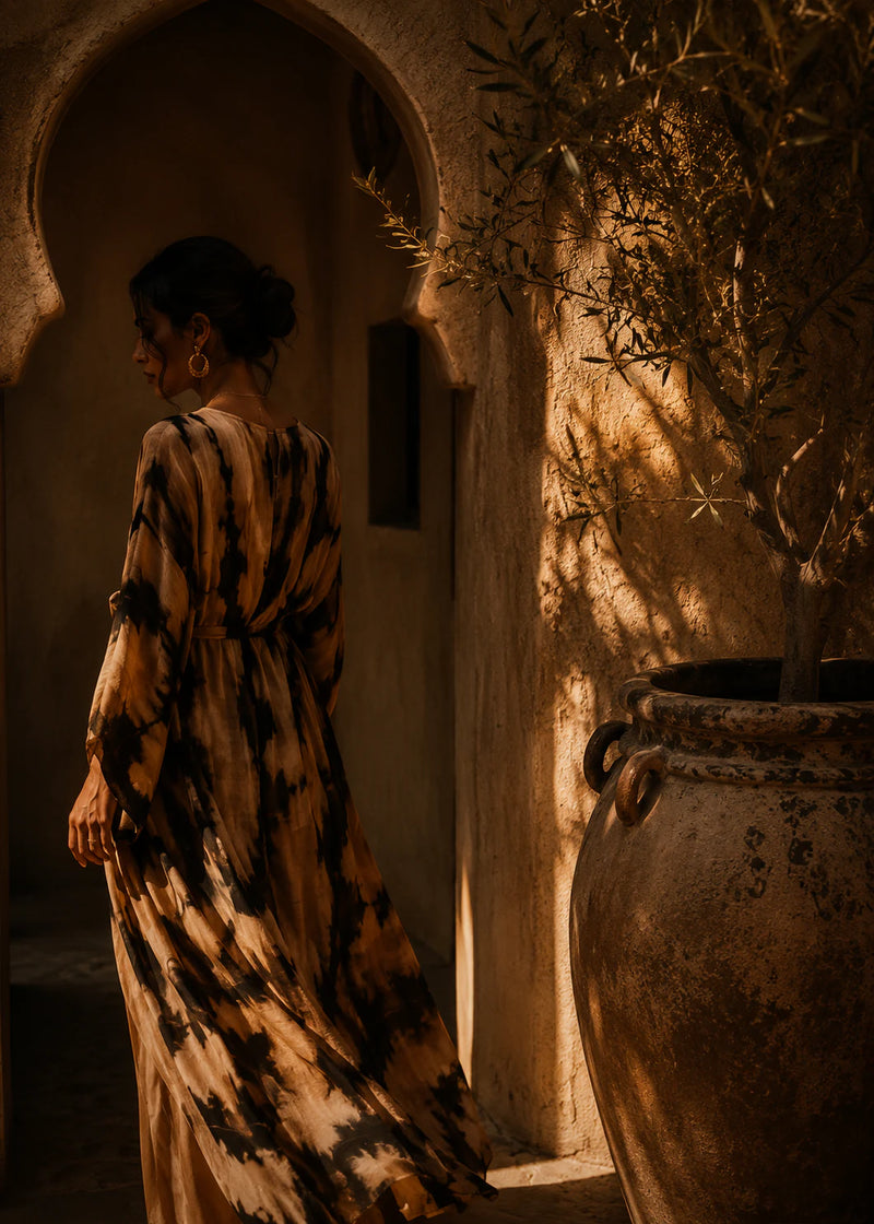 Frau in einem gemusterten Kleid vor mediterraner Architektur im warmen Sonnenlicht.
