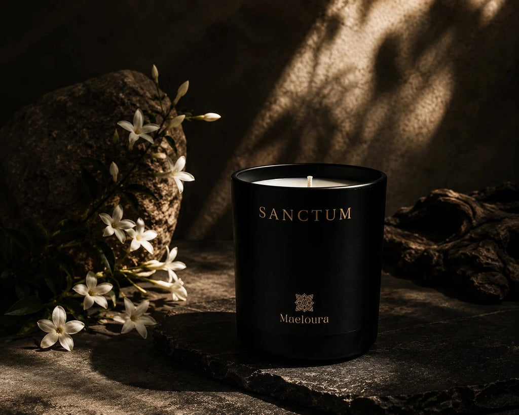 Maelōura SANCTUM Duftkerze mit floraler Inszenierung und natürlicher Dekoration