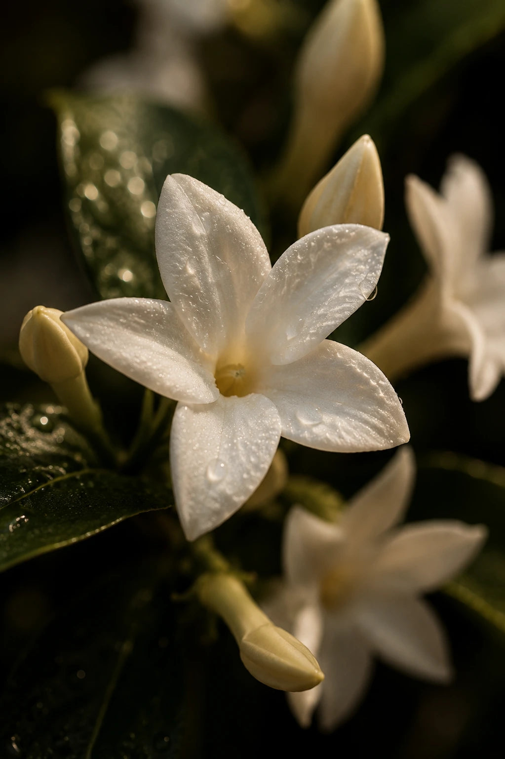 Weiße Jasminblüte mit feinen Tautropfen in ruhiger, eleganter Atmosphäre.