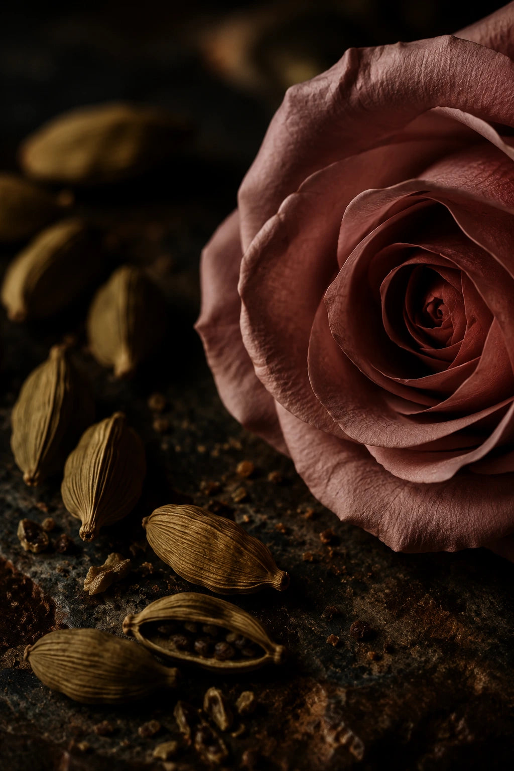 Zartrosa Rose und Kardamom in einer sinnlichen, dunklen Atmosphäre.