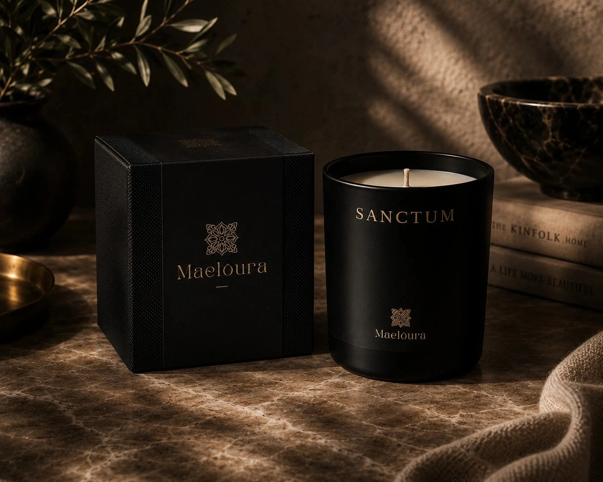 Maelōura SANCTUM Signature Duftkerze neben luxuriöser Geschenkbox