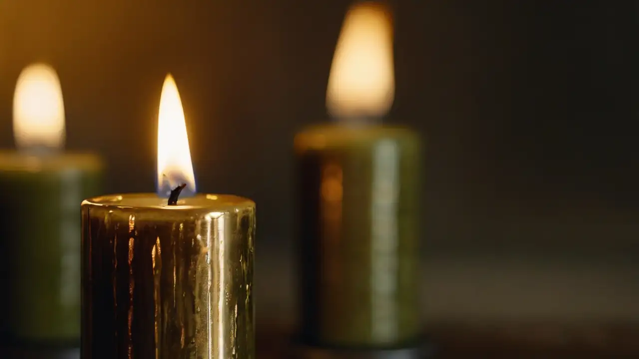 Drei brennende Kerzen, das warme Licht reflektiert auf der metallischen Oberfläche der Kerzenhalter.