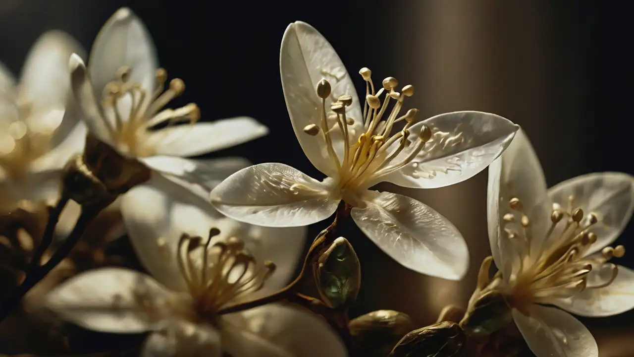 Nahaufnahme von weißen Jasminblüten, sinnbildlich für feminine Essenz