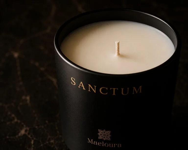 Detailaufnahme der Maelōura SANCTUM Duftkerze mit cremefarbenem Wachs und Baumwolldocht