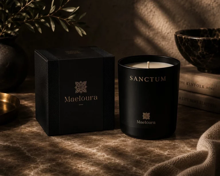 Maelōura SANCTUM Signature Duftkerze neben luxuriöser Geschenkbox