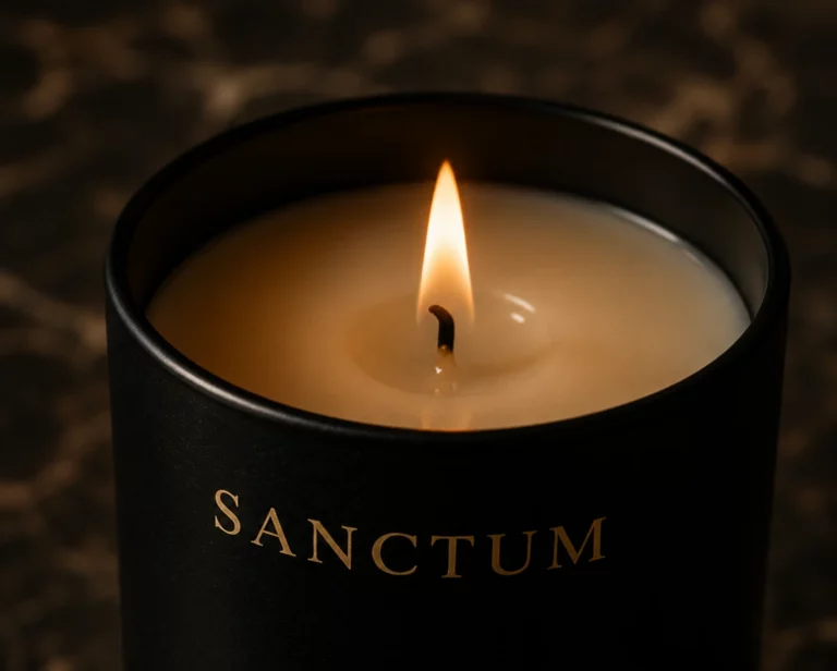 Brennende Duftkerze SANCTUM von Maelōura mit ruhiger Flamme in mattschwarzem Glas.