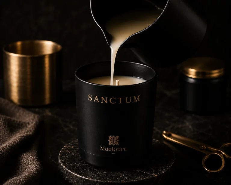 Handgegossene Maelōura Duftkerze SANCTUM aus europäischem Sojawachs während der Herstellung.